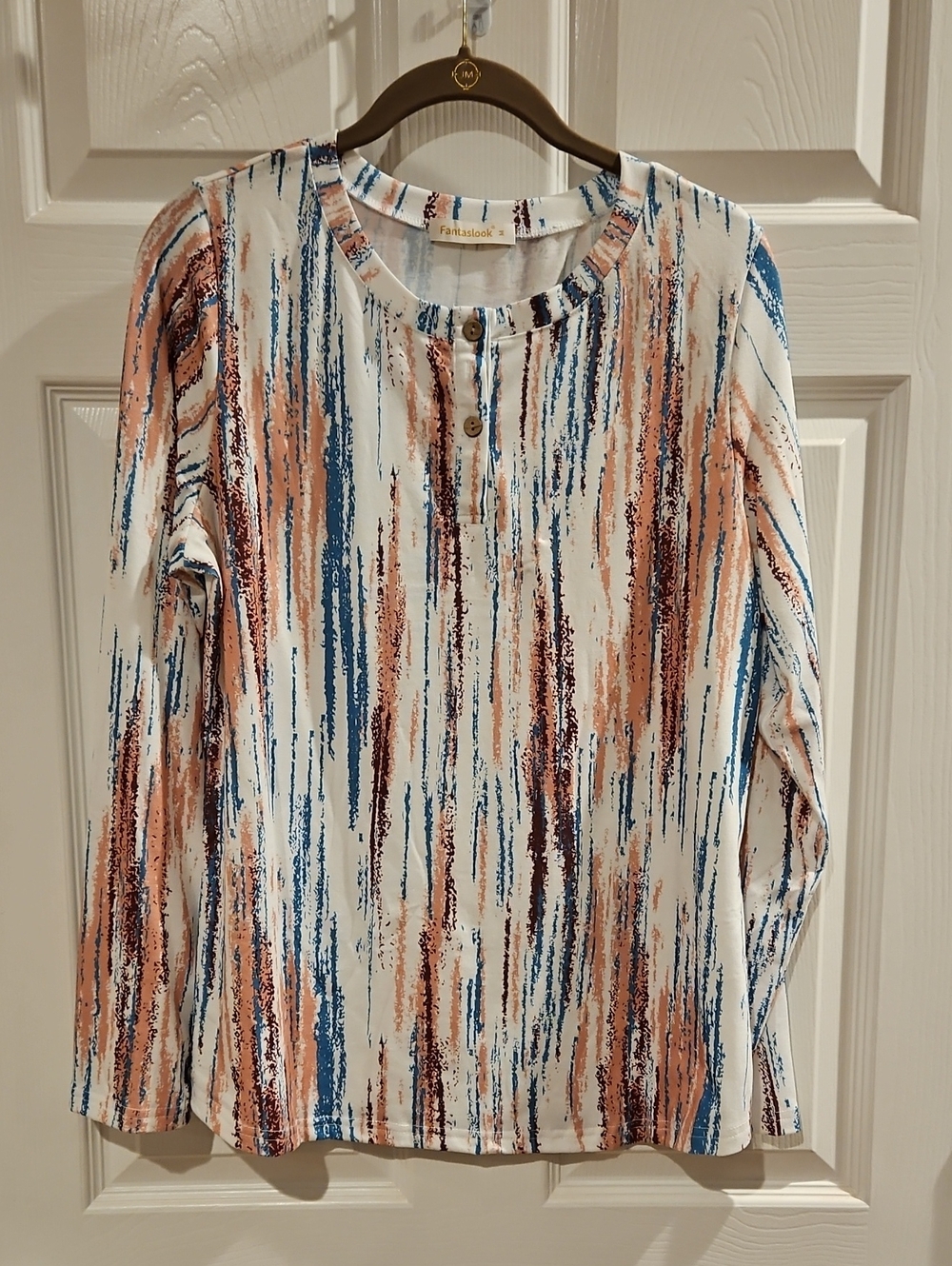 Fantasook Striped Brushstroke Long-Sleeve Top - White, Blue & Coral
